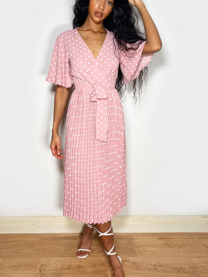 Dusty Pink Polka Dot Pleated Midi Dress