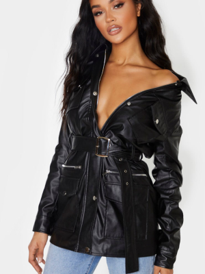 Black Pu Utility Belted Pocket Jacket