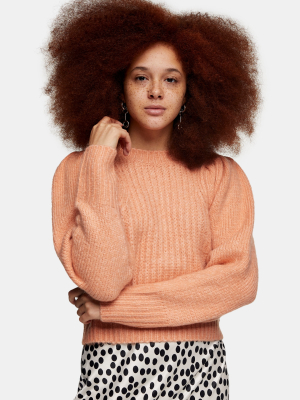 Pink Pleated Sleeve Cropped Knitted Sweater