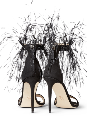 Black Suede Strap Sandals With Feathers