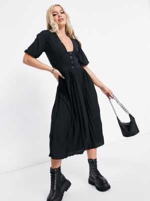 Asos Design Midi Short Sleeve Pleated Dress With Button Detail In Black