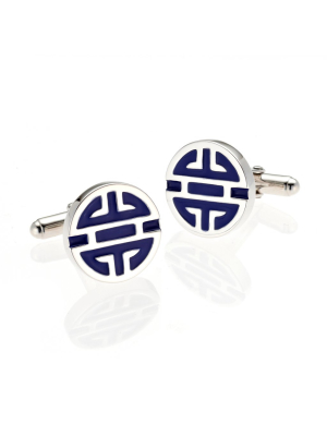 Silver Shou With Blue Enamel Cufflinks