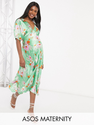 Asos Design Maternity Puff Sleeve Satin Maxi Tea Dress In Green Floral Print