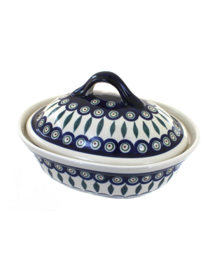 Blue Rose Polish Pottery Peacock Small Oval Baker With Lid