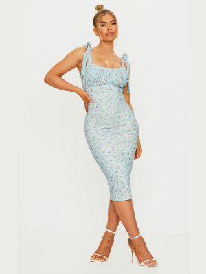 Blue Floral Print Ruched Bust Tie Strap Midi Dress