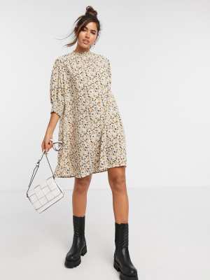 Vila Mini Smock Dress With High Neck In Ditsy Floral