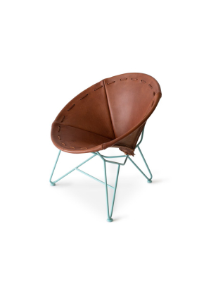 Saddle Leather Round Chair In Chocolate With Aqua Base