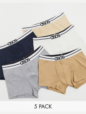 Asos Design 5 Pack Trunks In Multi Colors With Branded Waistband