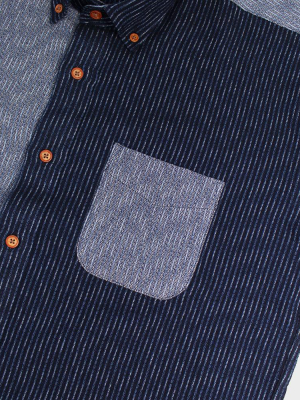 Button-up Short Sleeve Shirt, Nashiji & Shijira Indigo Color Block Shima