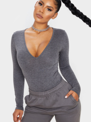 Basic Charcoal Grey V Neck Long Sleeve Bodysuit