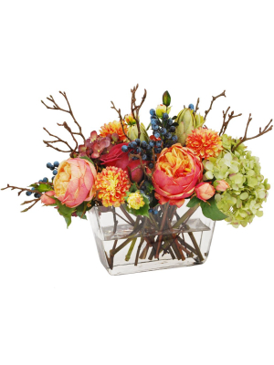Mixed Fall Hydrangea & Roses In Flare Vase