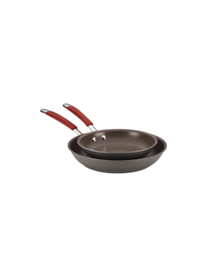 Rachael Ray Twin Pack Hard-anodized Nonstick Skillet Set - Gray With Cranberry Red Handles