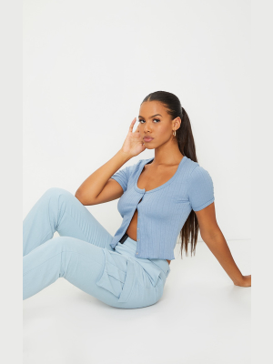 Blue Textured Short Sleeve Popper Front Crop Top