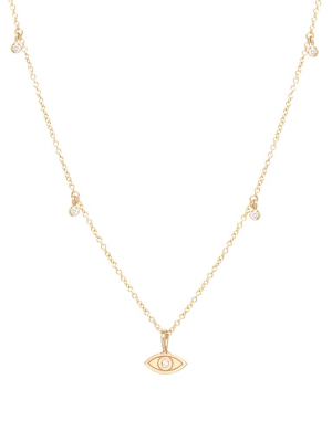 14k Midi Bitty Evil Eye Pendant With Dangling Diamonds