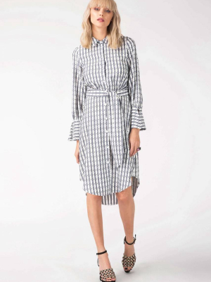 Navy & White Long Sleeve Shirt Tie Dress