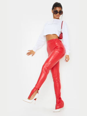 Red Faux Leather Split Hem Pants