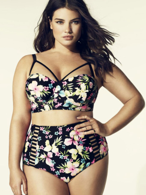 Plus Size Floral Strappy High Waisted Bikini Swimsuit - Two Piece Set