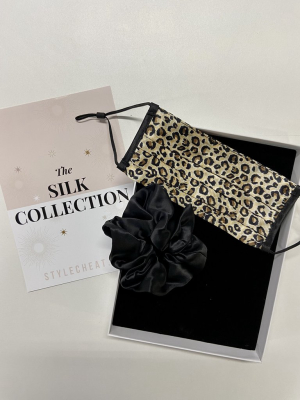 Luxury Silk Set - Animal Print Silk Mask & Black Silk Scrunchie