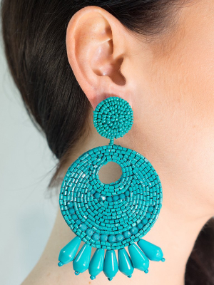 Turquoise Seed Bead Round Gypsy Hoop With Drops Pierced Or Clip Earrings