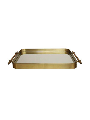 Saratoga Rounded Edge Tray In Antique Brass W/ Resin Horn Handles & Inset Mirror