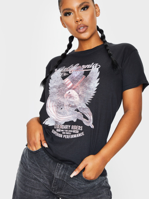 Black California Eagle Slogan Printed T Shirt