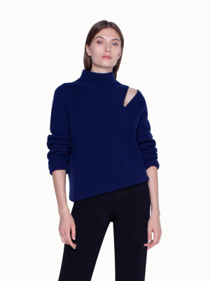 Mock Neck Knit Pullover In Ribbed Cashmere With Shoulder Zip
