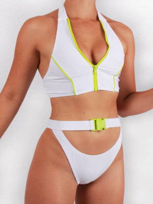 Zip Front Bikini Top In White With Lime Detailing