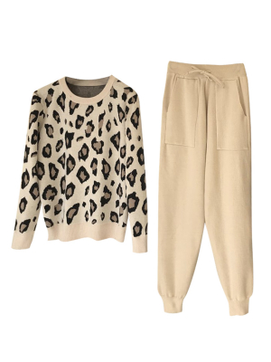 'mayra' Leopard Knit Crewneck Pj Set (2 Colors)