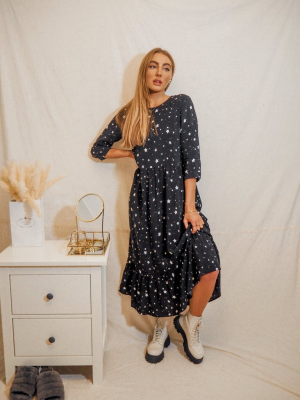 Hallie Midi Smock Long Sleeve Dress / Star Print