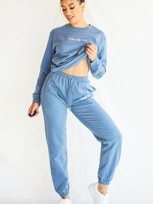 Prettylittlething Dusty Blue Embroidered Joggers