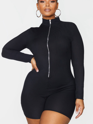 Plus Black Fine Rib Zip Detail Unitard