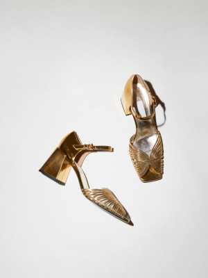 Suzanne Rae High 70’s Strappy Sandal In Gold High Shine Leather