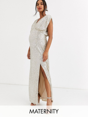 Tfnc Maternity Sequin Wrap Front Maxi Dress In Silver