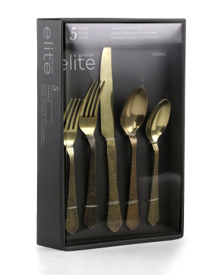 Gibson Elite Zambezi 5 Piece Stainless Steel Hammer Texture Flatware Set In Gold