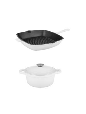 Berghoff Neo 3pc Cast Iron Set, 3qt Covered Dutch Oven & 11" Grill Pan, White