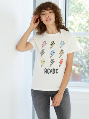 Women's Ac/dc Lightning Bolt Boyfriend Short Sleeve Graphic T-shirt - Cream