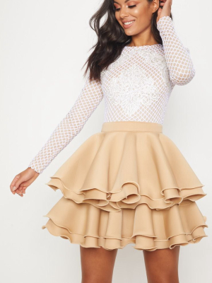 Nude Applique Detail Ruffle Tiered Skater Dress