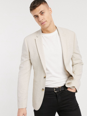 Asos Design Skinny Soft Tailored Blazer In Stone Seersucker Check