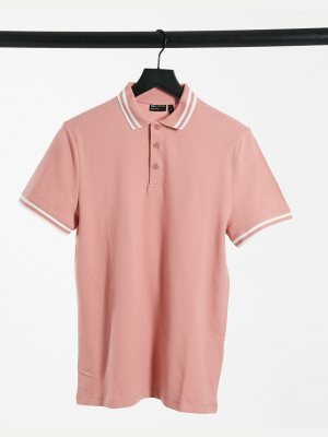 Asos Design Tipped Pique Polo In Pink