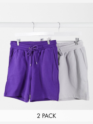 Asos Design Jersey Slim Shorts Shorter Length In Purple/gray 2 Pack