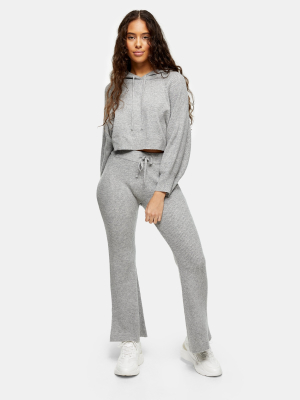 Petite Gray Marl Knitted Flare Pants With Wool