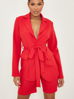 Red Woven Belted Waist Pocket Blazer