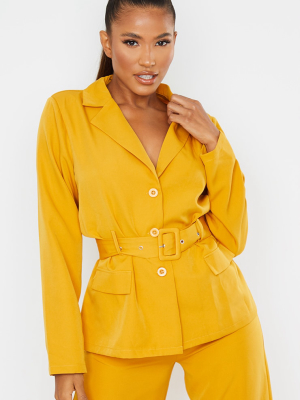 Mustard Woven Button Front Belted Waist Suit...