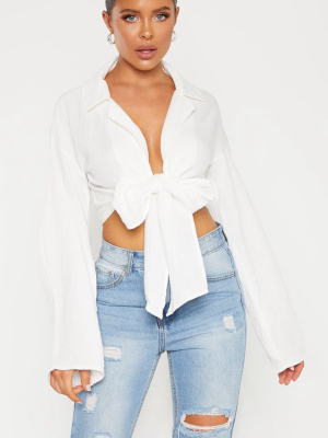 White Textured Oversized Tie Front Shirt