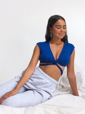 Blue Jersey Plunge Tie Detail Sleeveless Crop Top