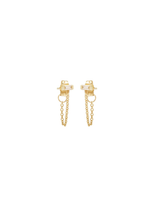 14k Baguette Diamond Chain Stud Earrings