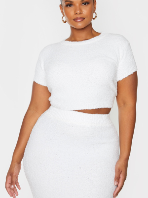 Plus Cream Fluffy Knit Cap Sleeve Crop Top