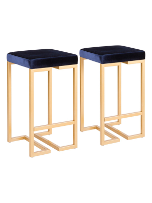 Set Of 2 26" Midas Contemporary Counter Height Barstool Gold With Blue Velvet Cushion - Lumisource