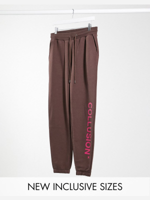 Collusion Unisex Sweatpants With Logo Print In Brown