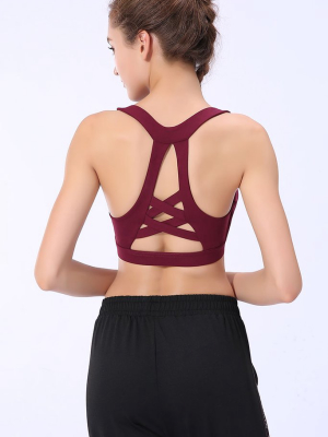 Cross Straps Racerback Cutout Meshed Sports Bra